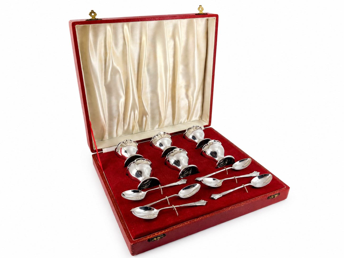 SOLID STERLING SILVER SET OF SIX EGG CUPS & SPOONS BIRMINGHAM 1975 247G CASED