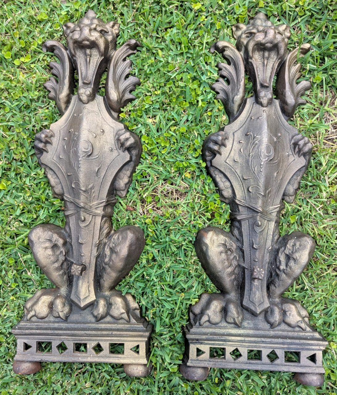 Cast Iron Griffin Andirons Part Fire Dog Extraordinary Pair As Is No Back Foot