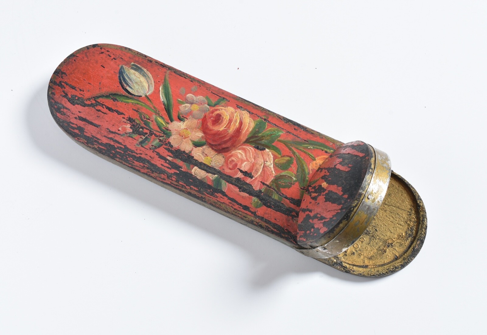 Antique Chinese painted Spectacle case, red box. Rose, Tulip.