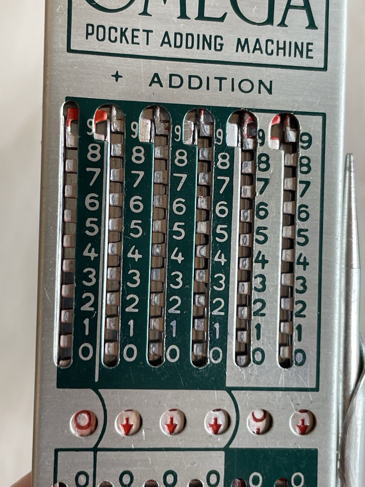 Vintage 1964 Omega Pocket Slide Adding Machine & Stylus With Original Box & Case