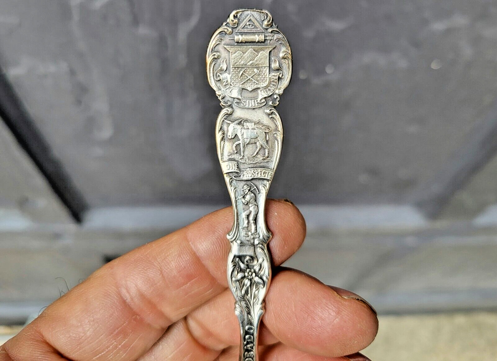 Prospector Mining Cowboy Steer Sterling Silver Souvenir Spoon Denver Colorado