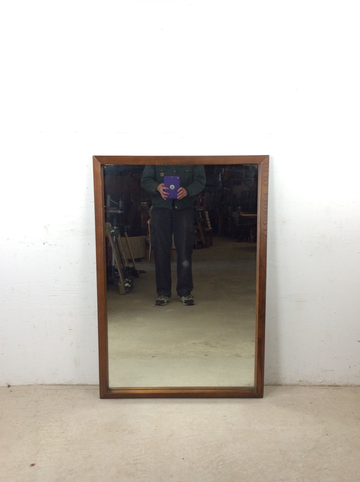 Mid Century Modern Tall Rectangular Wall Mirror with Oak Frame