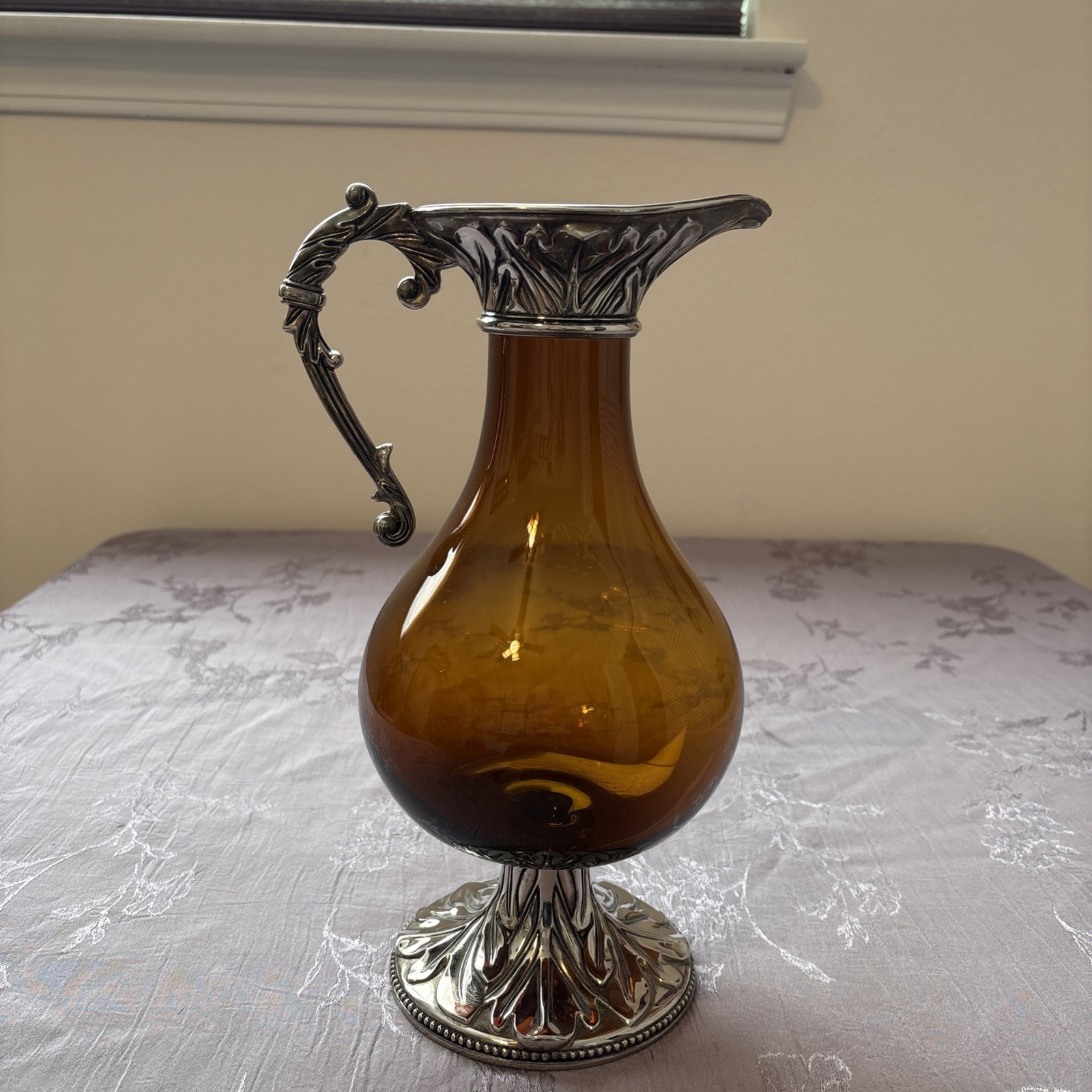 Italy Claret Jug-Wine Decanter-Hand Blown Amber Glass Silver Plate Art Nouveau