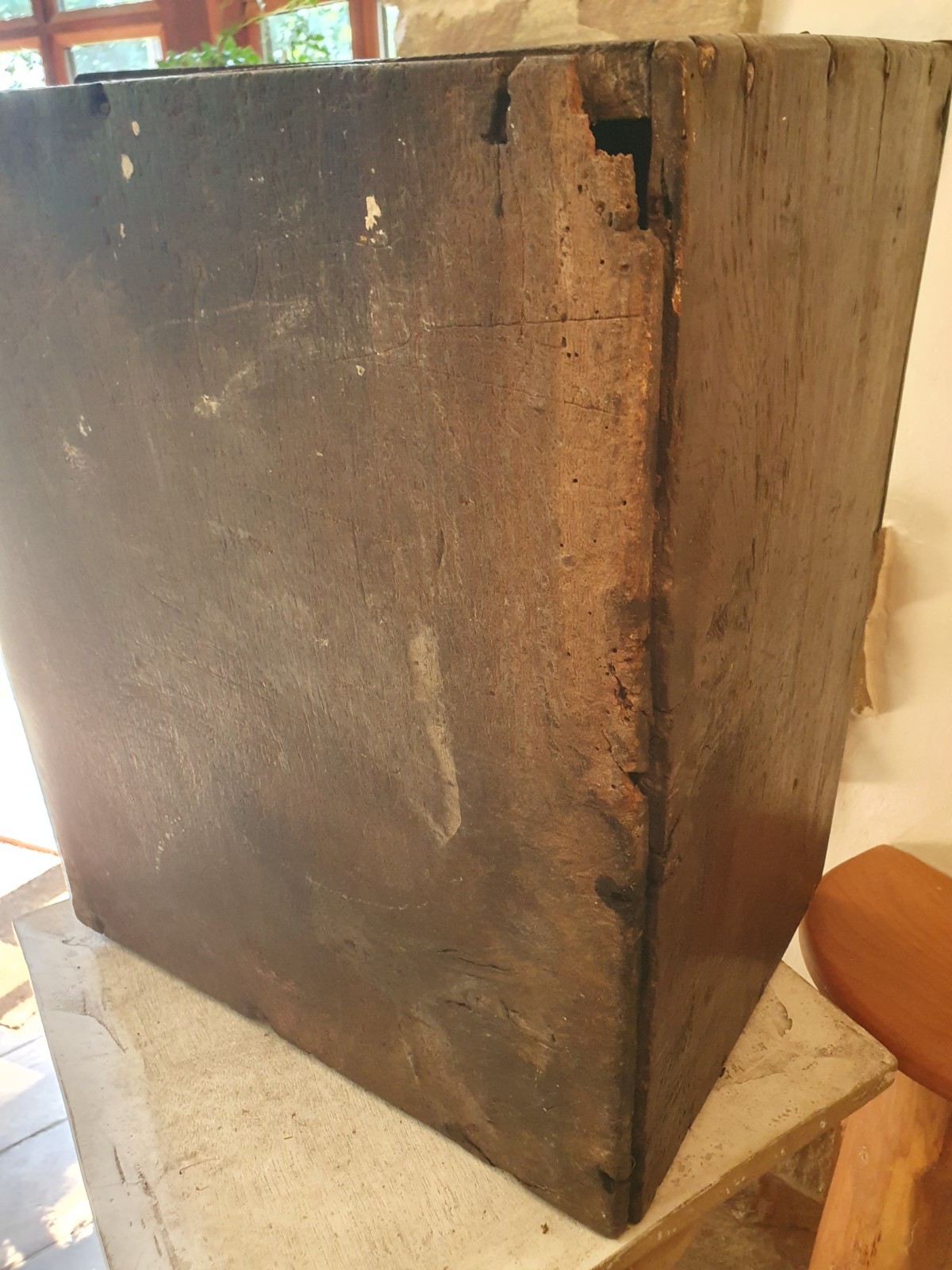 Antique 17th century & later carved oak bible box slope lock & key 3 drawers
