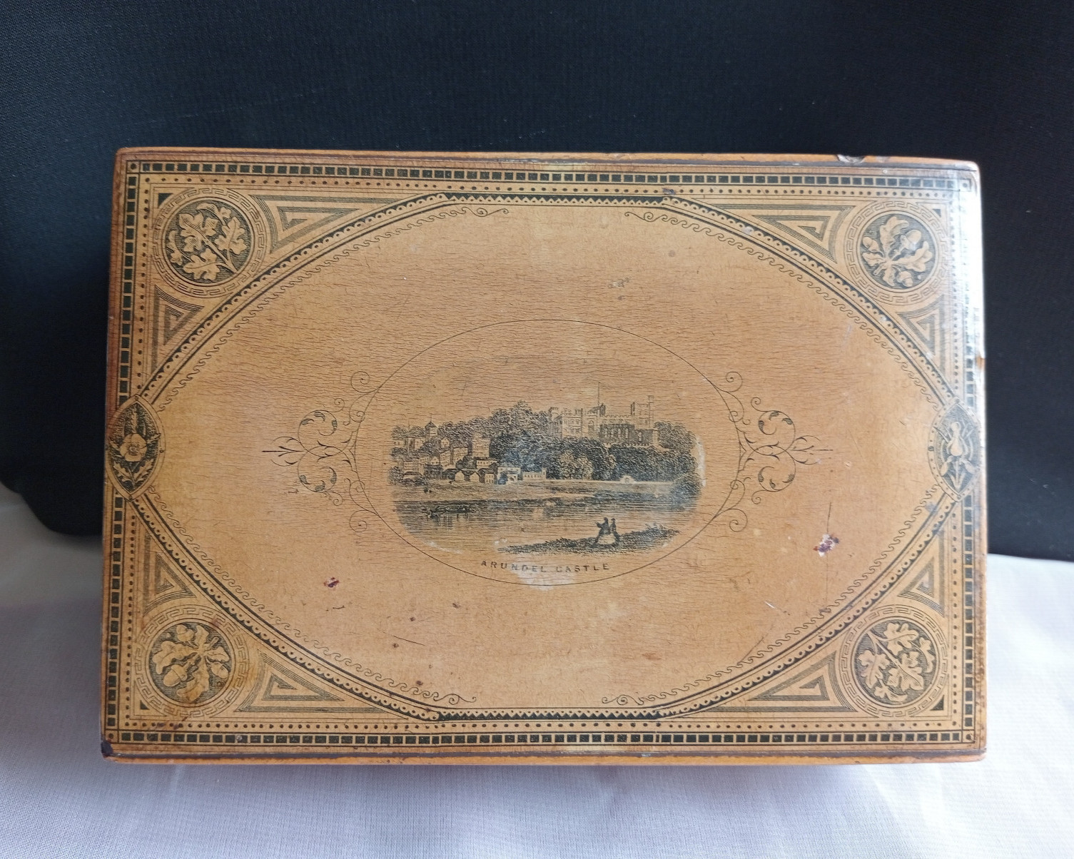 Antique Mauchline Ware Patterned Sewing Box Arundel Castle Acorn Orchid Rose