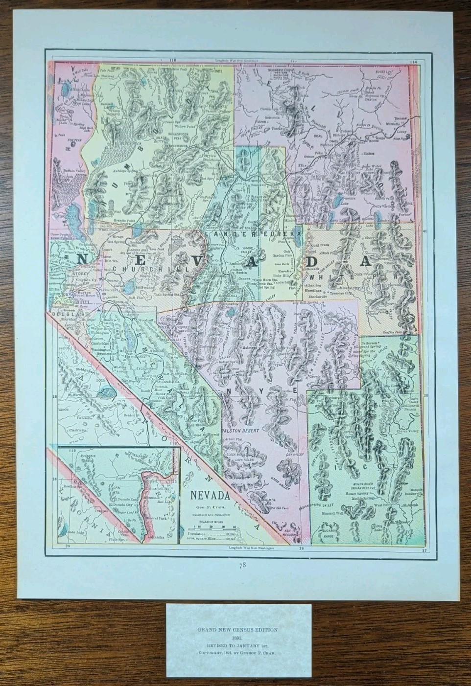 Vintage 1891 NEVADA Map 10″x13″ ~ Old Antique Original AUSTIN EUREKA HAMILTON NV
