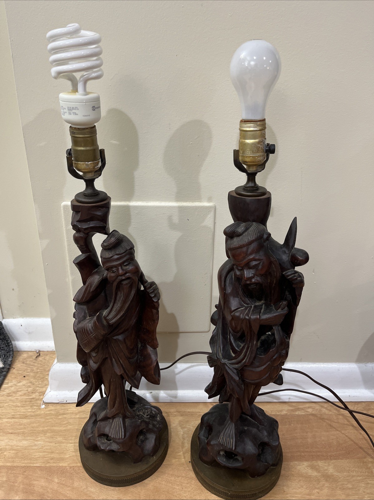 Pair Antique Chinese Rosewood, Brass Bases Carved Fisherman, Farmer Table Lamps