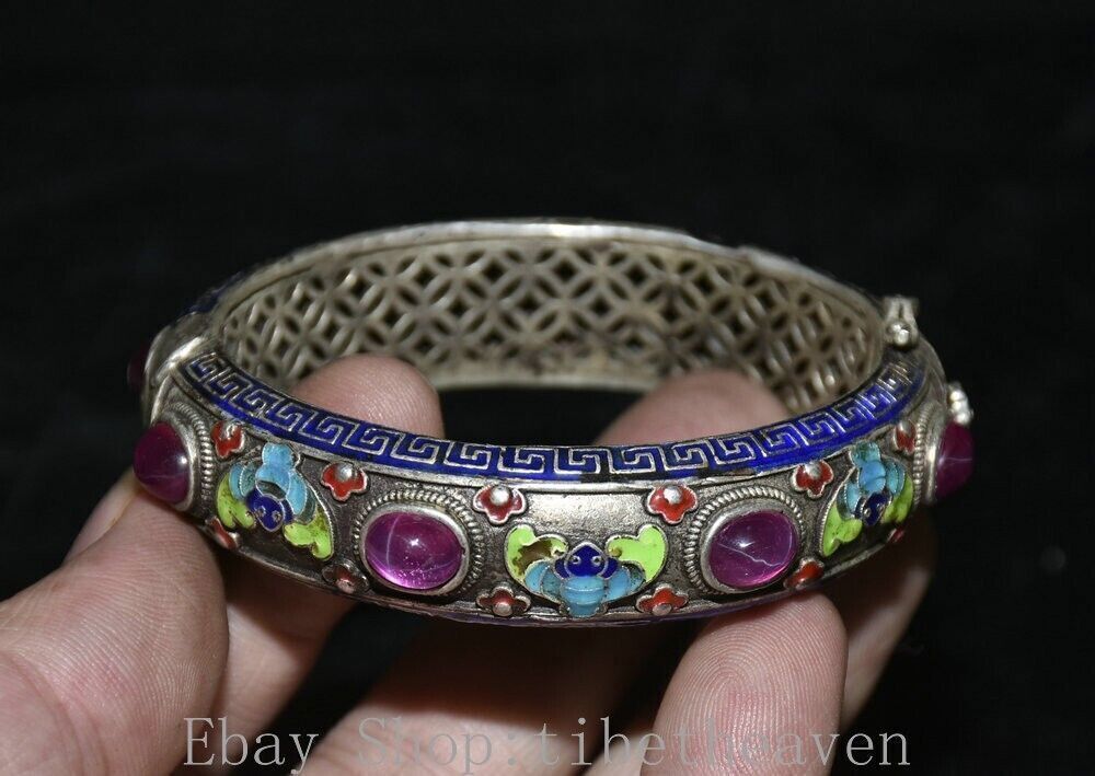 3.2″ Rare Old Chinese Silver inlay Red Gems Cloisonne Flower Bat Pendant