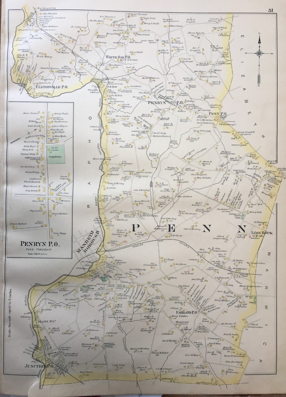 ORIG 1899 MOUNT JOY, PENN ELIZABETHTOWN, LANCASTER, PENNSYLVANIA, PLAT ATLAS MAP