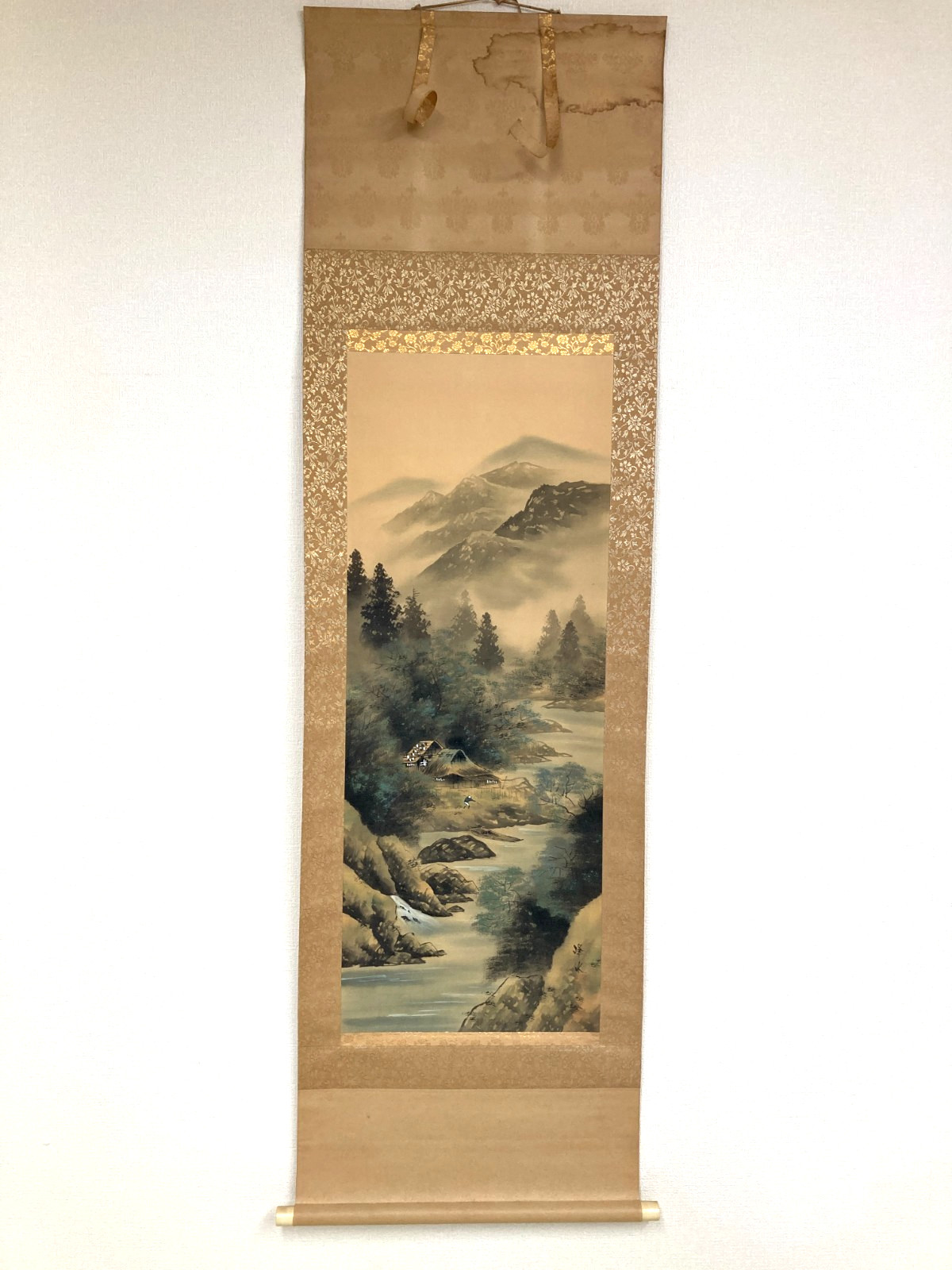 Vintage Japanese Kakejiku Hanging Scroll Landscape Mountain River House Nihonga