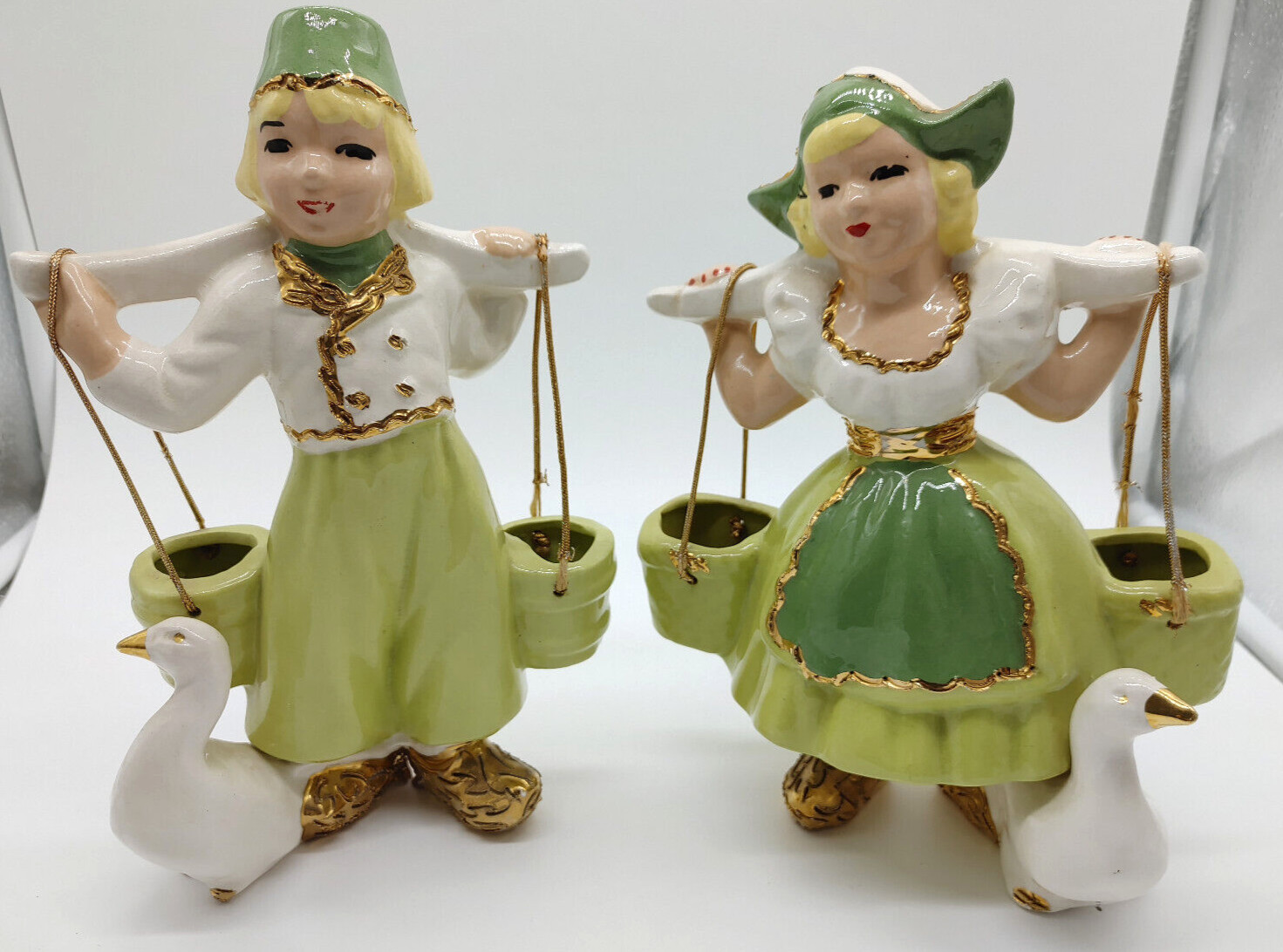 MCM Dutch Set Dutch Boy & Girl Carrying Water Buckets-Figurine-Green-Gold
