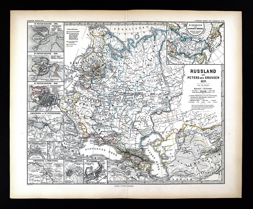 1880 Spruner History Map Russia Peter the Great St. Petersburg Lithuania Poland