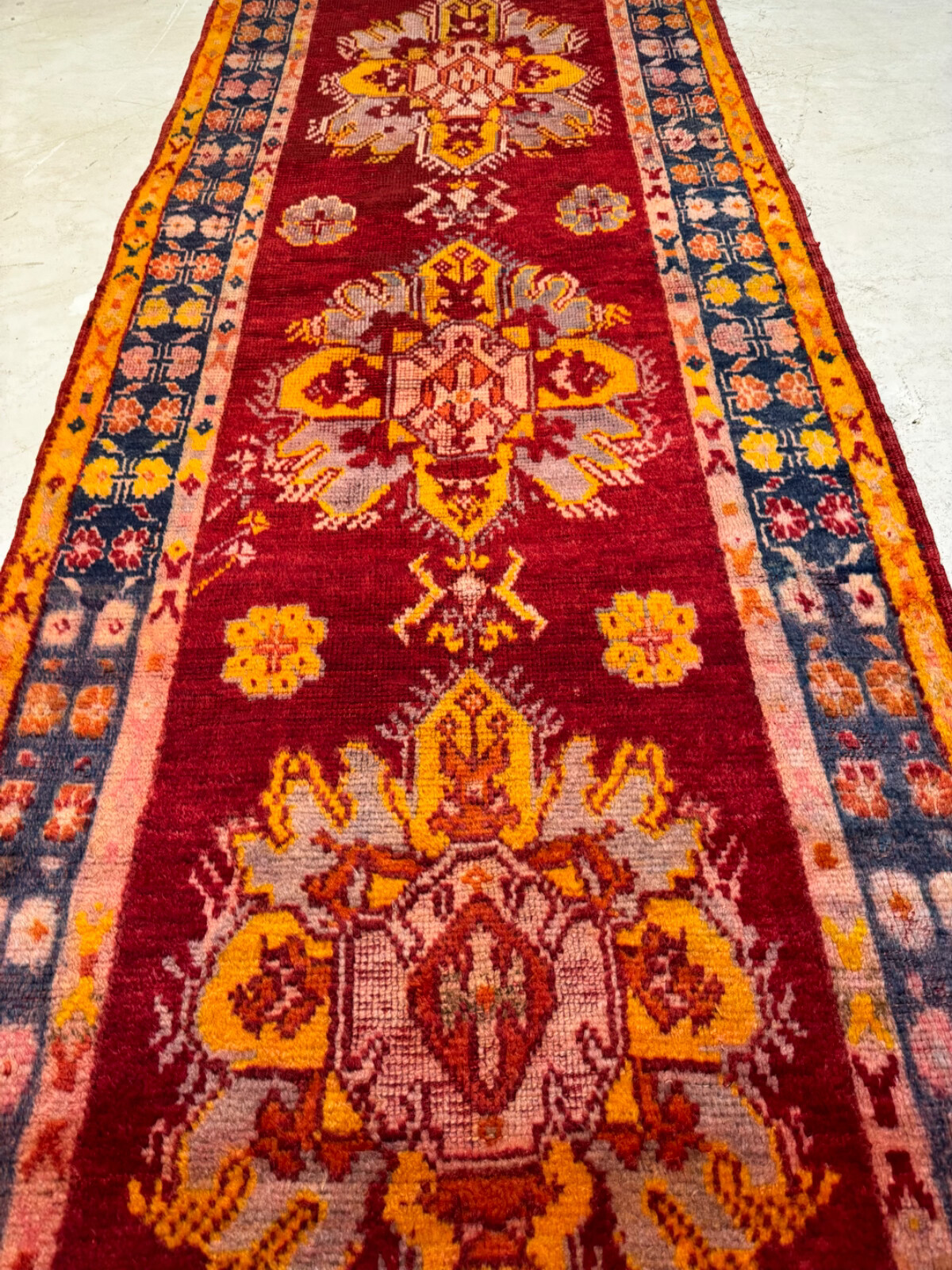 Oriental Hand-Knotted Wool Runner Turkish Oushak Red/Blue/Gold 3’4″ x 8’9″