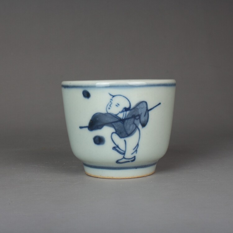 2.3in Chinese Blue & White Porcelain 60ML Kung Fu Boy Teacup Cup Collectible
