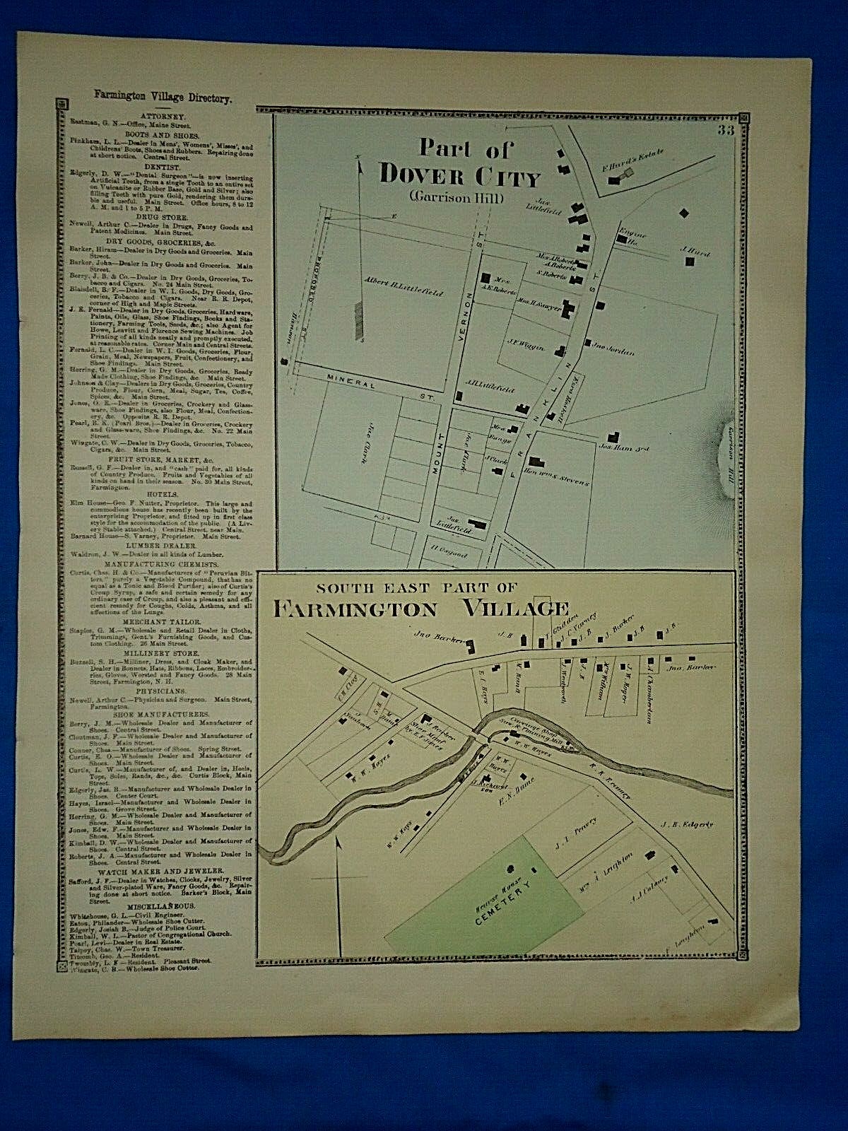 Vintage Original 1871 FARMINGTON VILLAGE & DOVER CITY NH MAP ~ GARRISON HILL