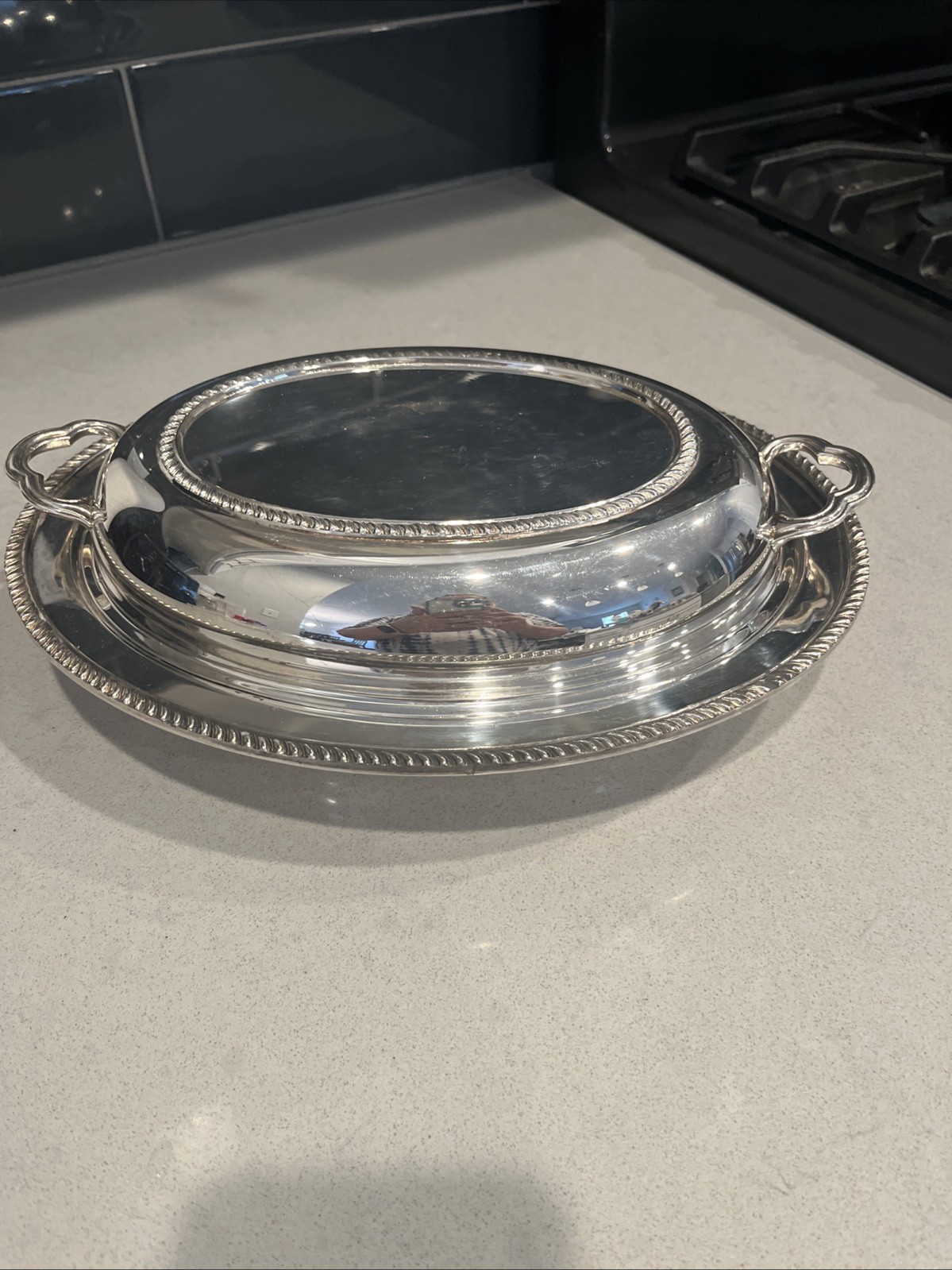 Poole Silver Co Silverplate Covered Oval Serving Dish w/ Divided Glass Insert
