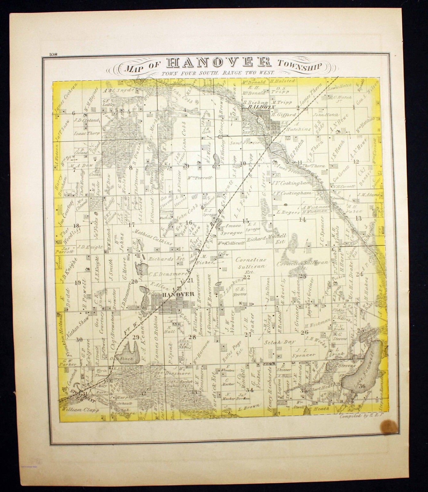 1874 Plat Map Hanover Township Jackson County Michigan Baldwin Lake Farewell