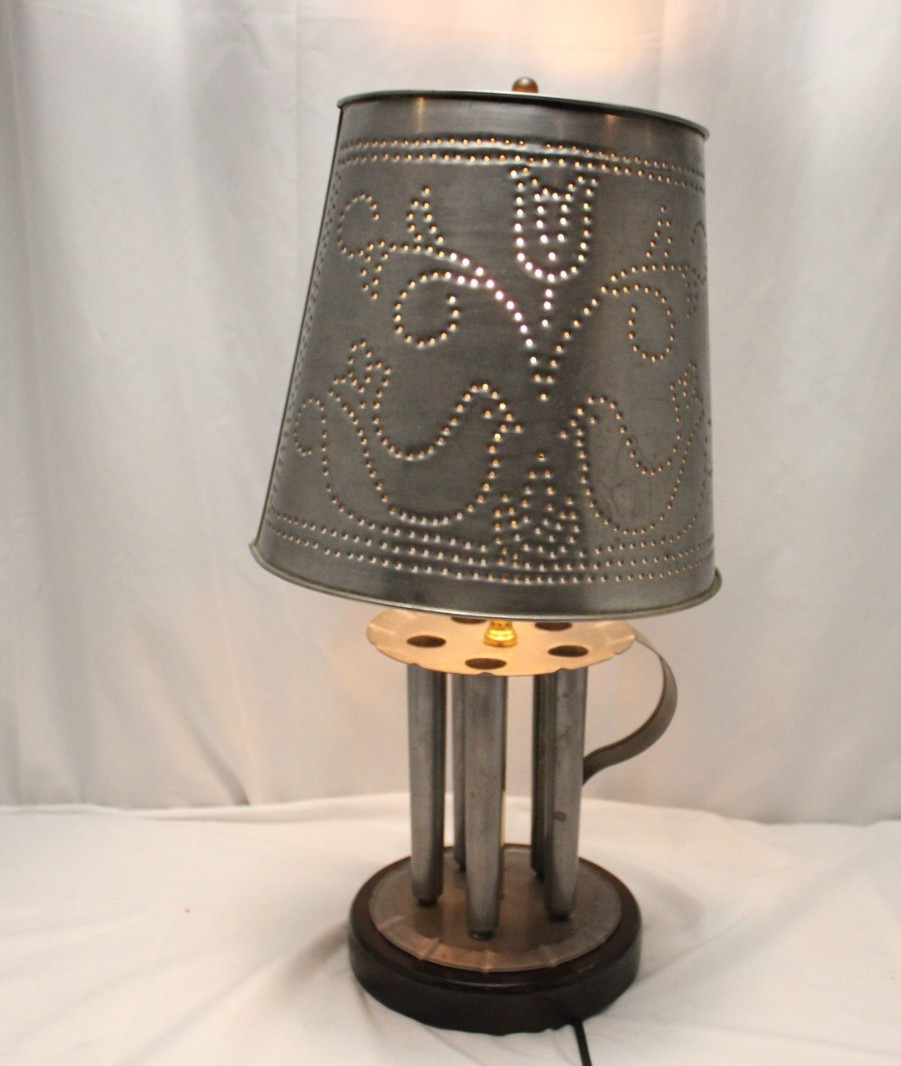 PA Estate Find Punched Tin Table Lamp Candle Mold Dutch Wooden Base