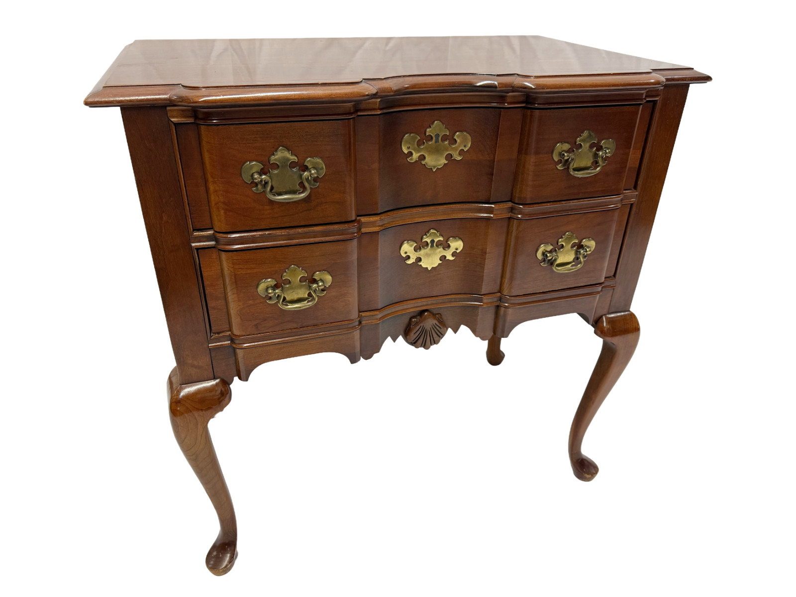 Queen Anne Style Blockfront Lowboy Chest Cabinet w Cabriole Legs Brass Pulls