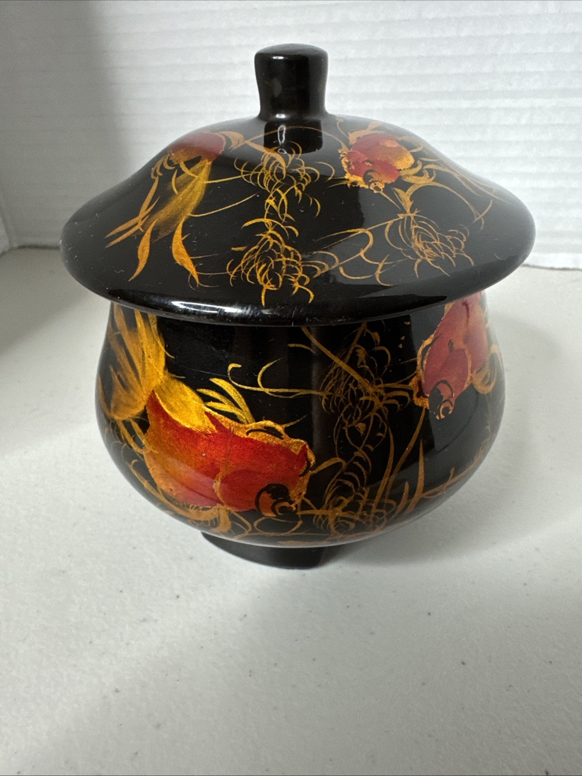 Vintage Singapore Black Lacquer Ware Lid Pot Hand Painted Koi Carp Fish