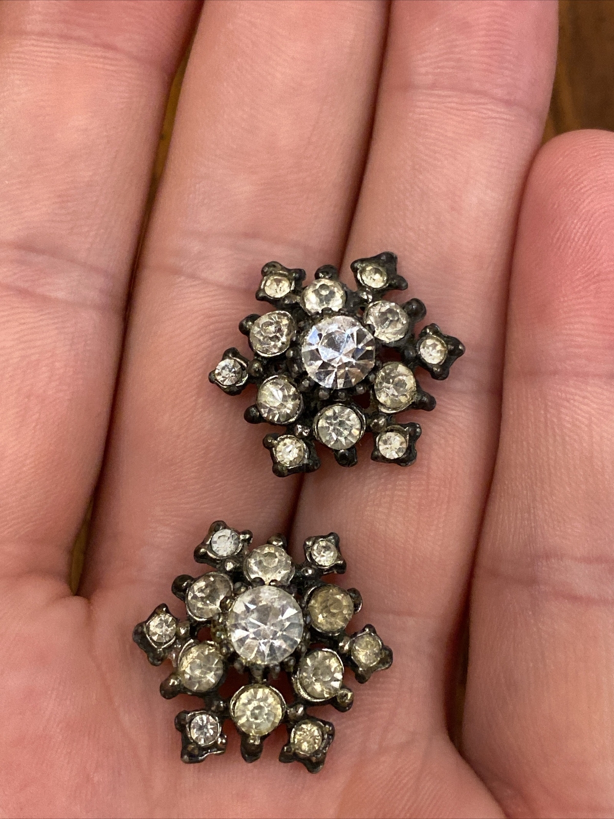 Antique Pair Of 2 Crystal Clear Rhinestone Buttons Snowflake Star Shaped 7/8”
