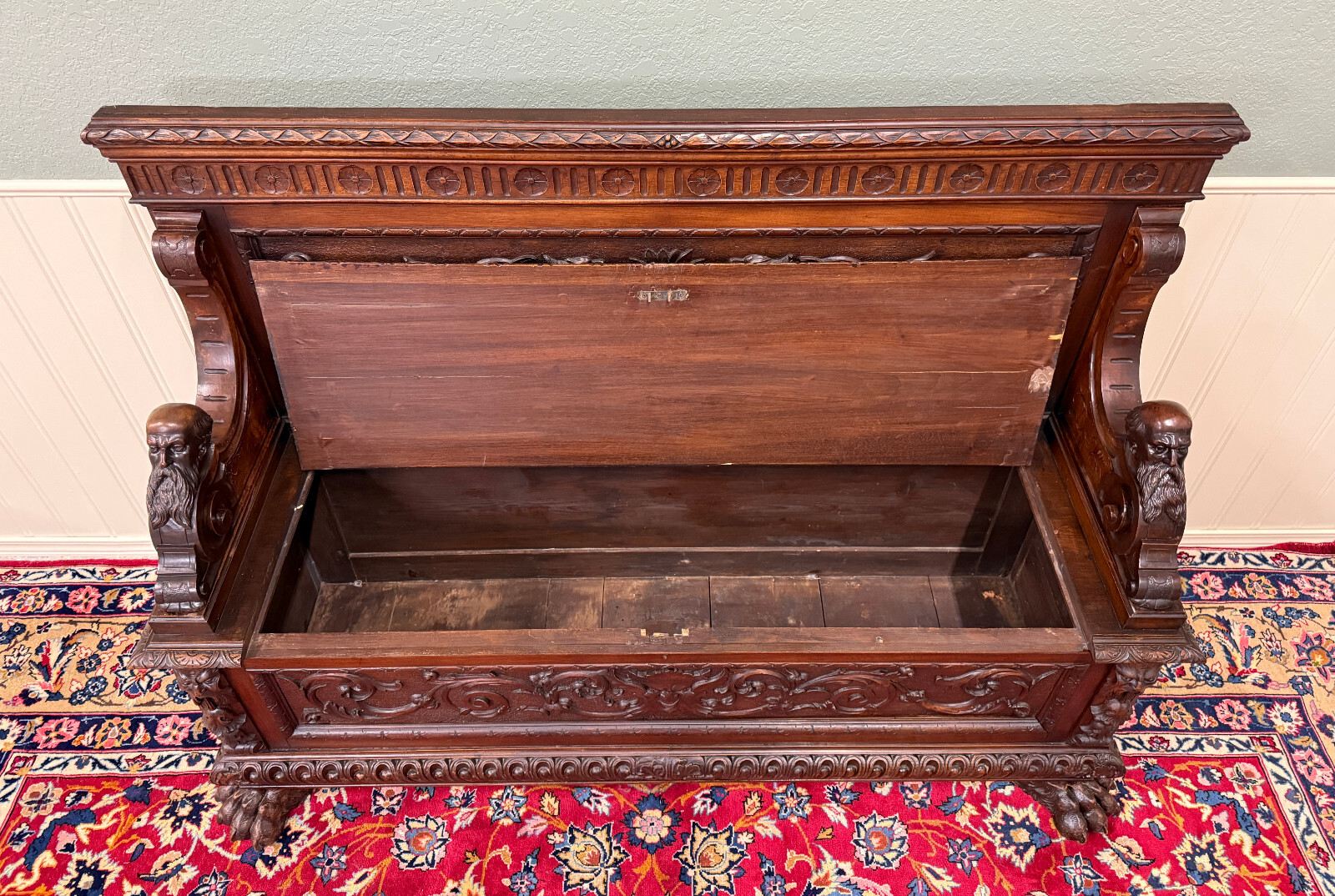 Antique French Entry Bench Settee Trunk Renaissance Revival Dark Walnut c1890s