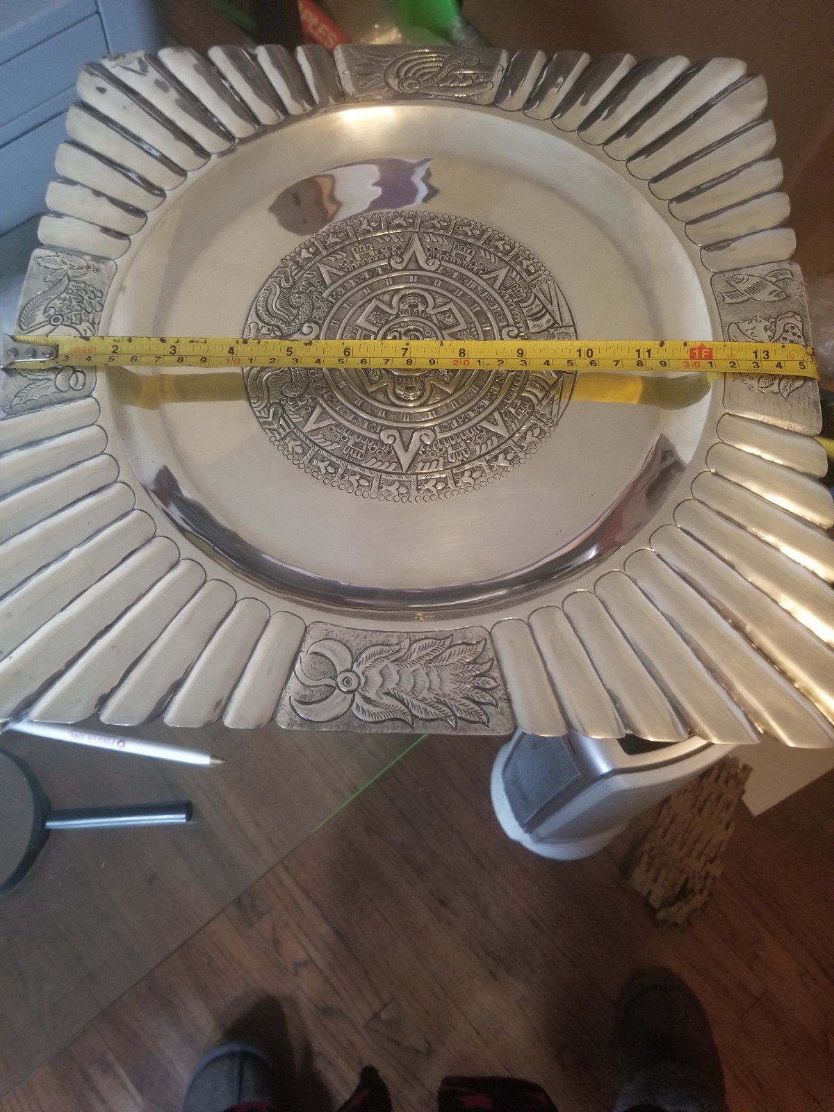 Amazing Maciel Solid Sterling Mayan Calendar Tray 14″ x 14″ 925 914 grams dings