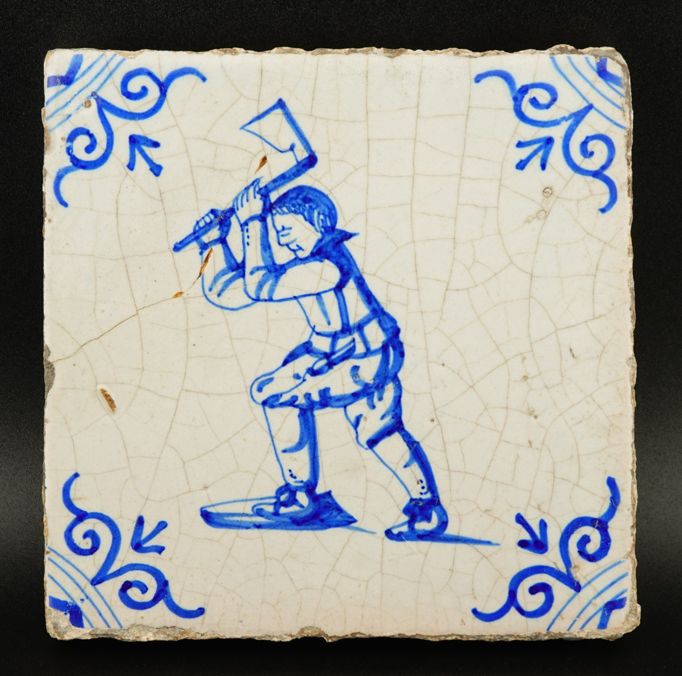 c1630-50, ANTIQUE 17thC DUTCH DELFT POTTERY BLUE AND WHITE TILE, WOODCUTTER AXE