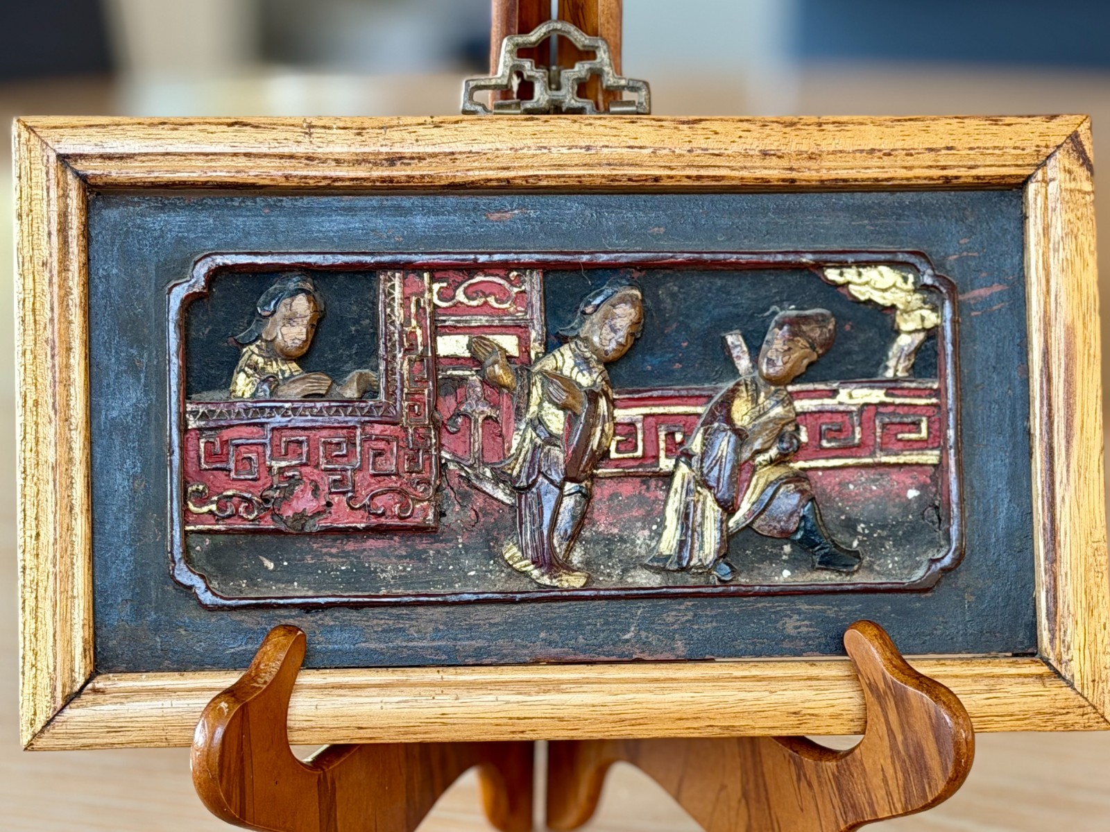 Vtg Framed Asian Chinese Carved Wood Relief Panel Wall Art Gilded Oriental Scene