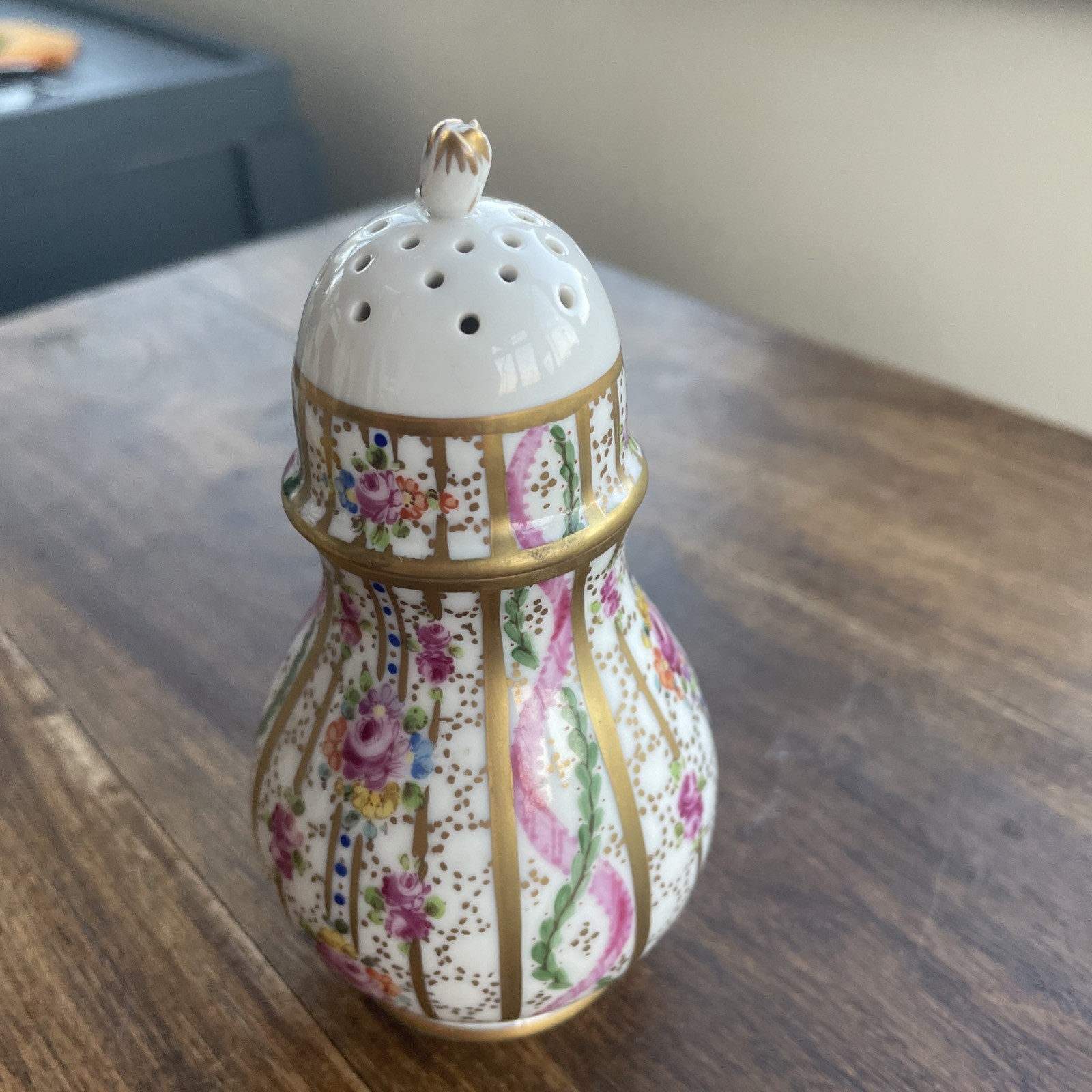 Vintage Carl Thieme German Dresden Porcelain Sugar Shaker Floral Gold Gilt