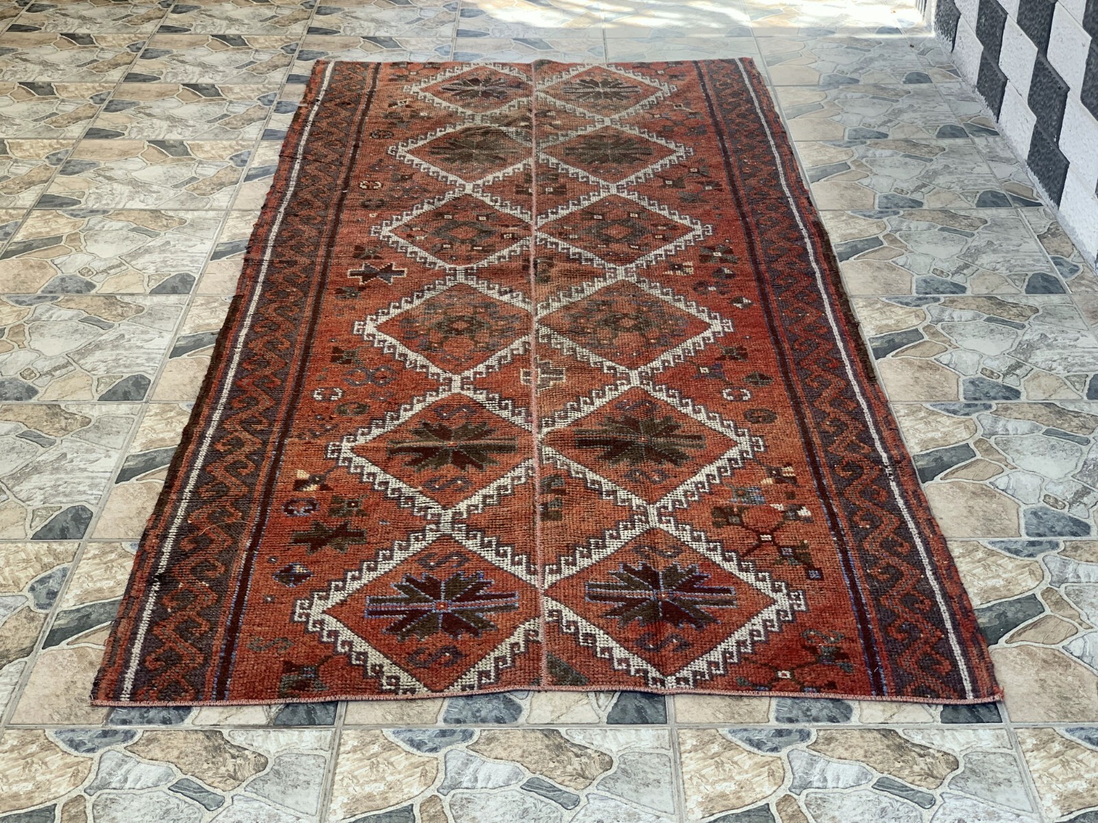 Geometric Turkish Vintage Rug,Tribal Farmhouse Anatolian Village Rug 4.1×9.3Ft