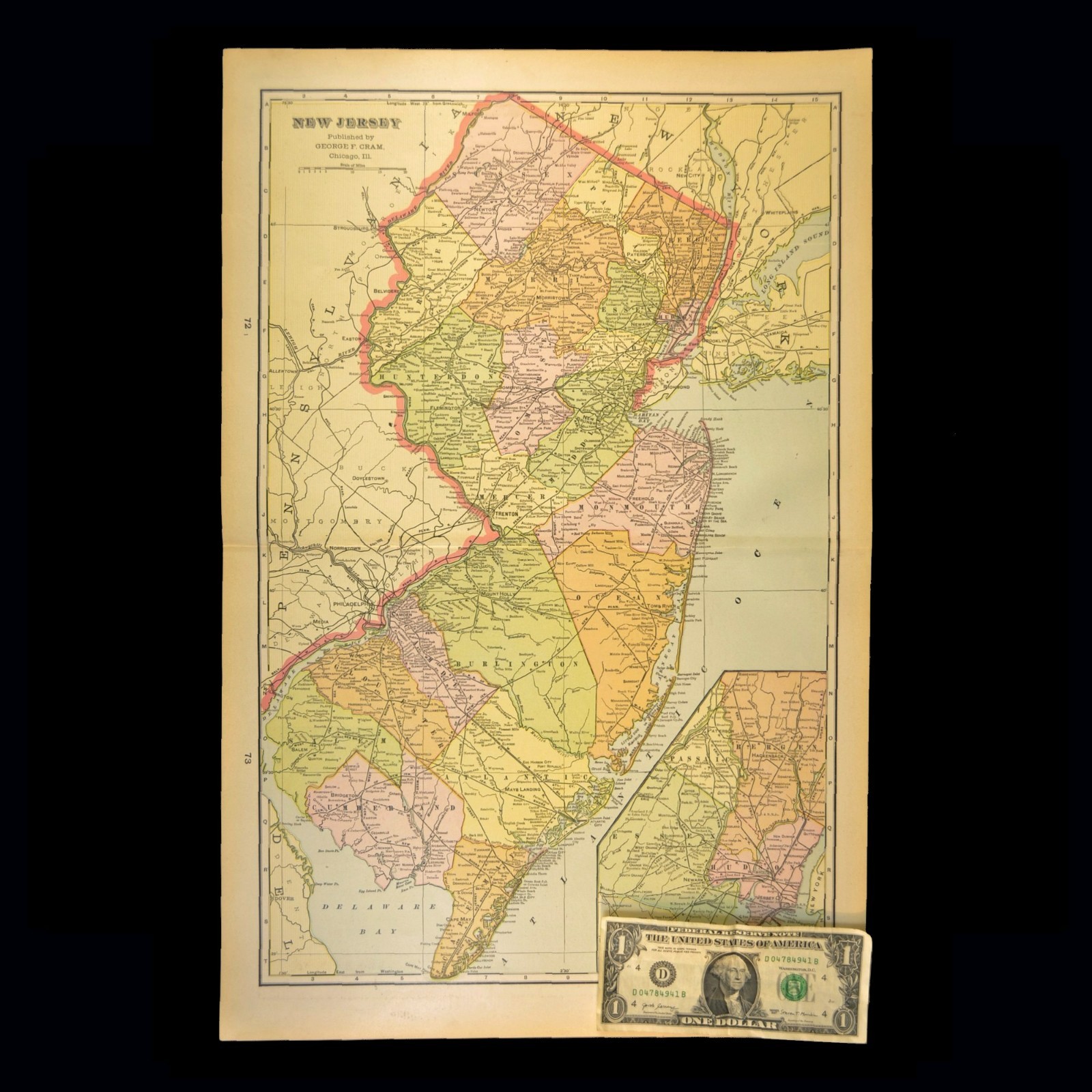ca1904 Vintage NEW JERSEY Map LARGE Railroad Original Trenton Newark Toms River