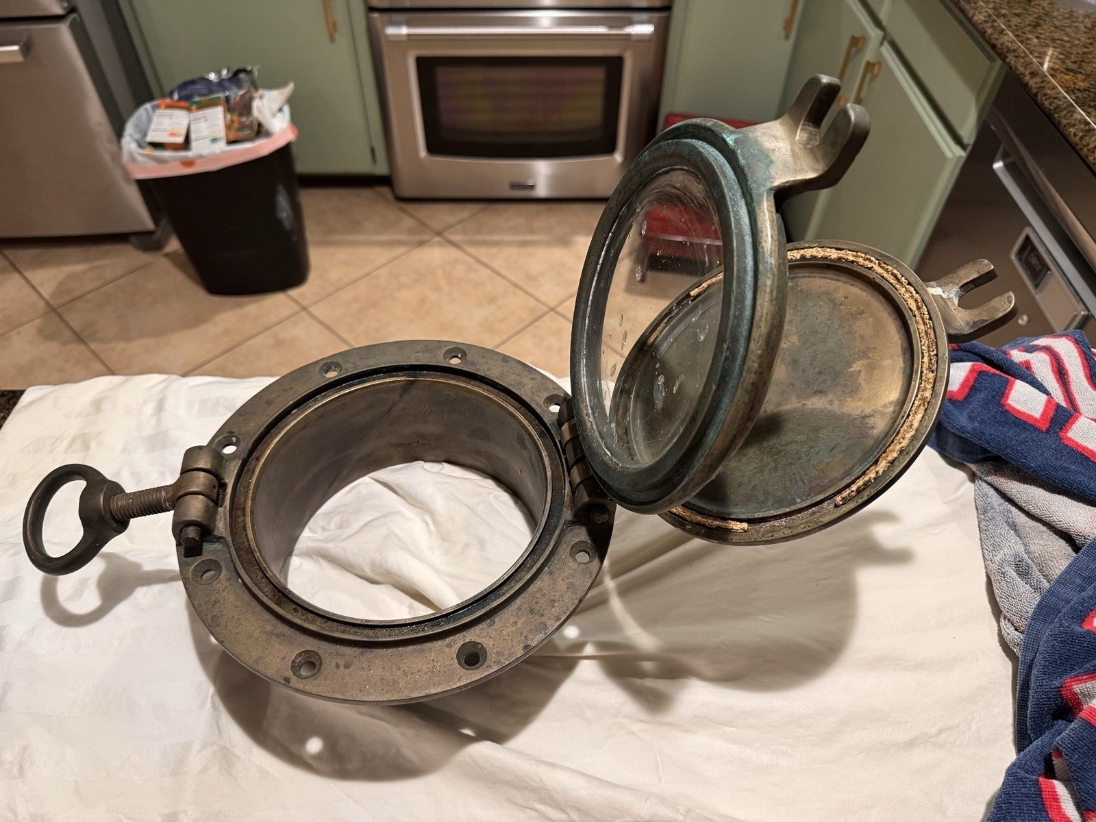 Authentic Antique Solid Bronze Ship Porthole/Scuttle 7 1/2 inch convex glass.
