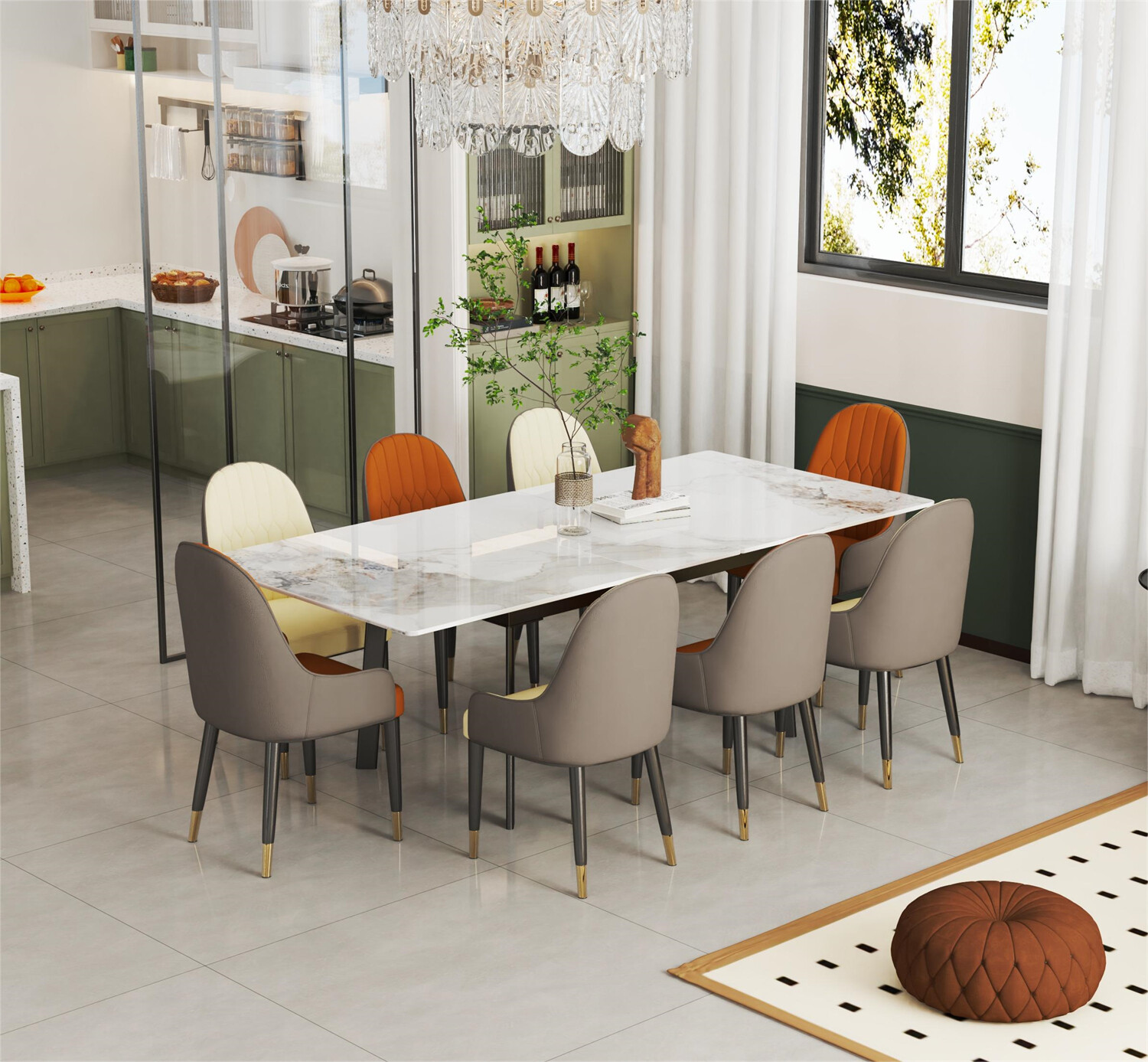 Extensible Dining Set Marble Table & Leather Chair Home Kitchen Modern Furniture