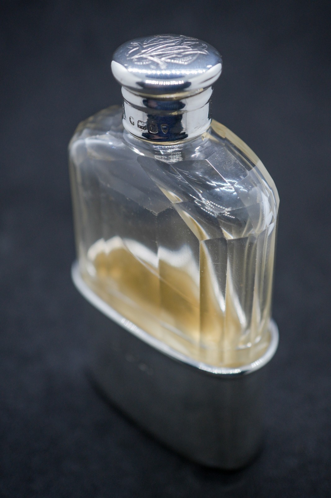 Antique Solid Sterling Silver And Glass Hip Flask. 1875, Joseph Walton, 36g.