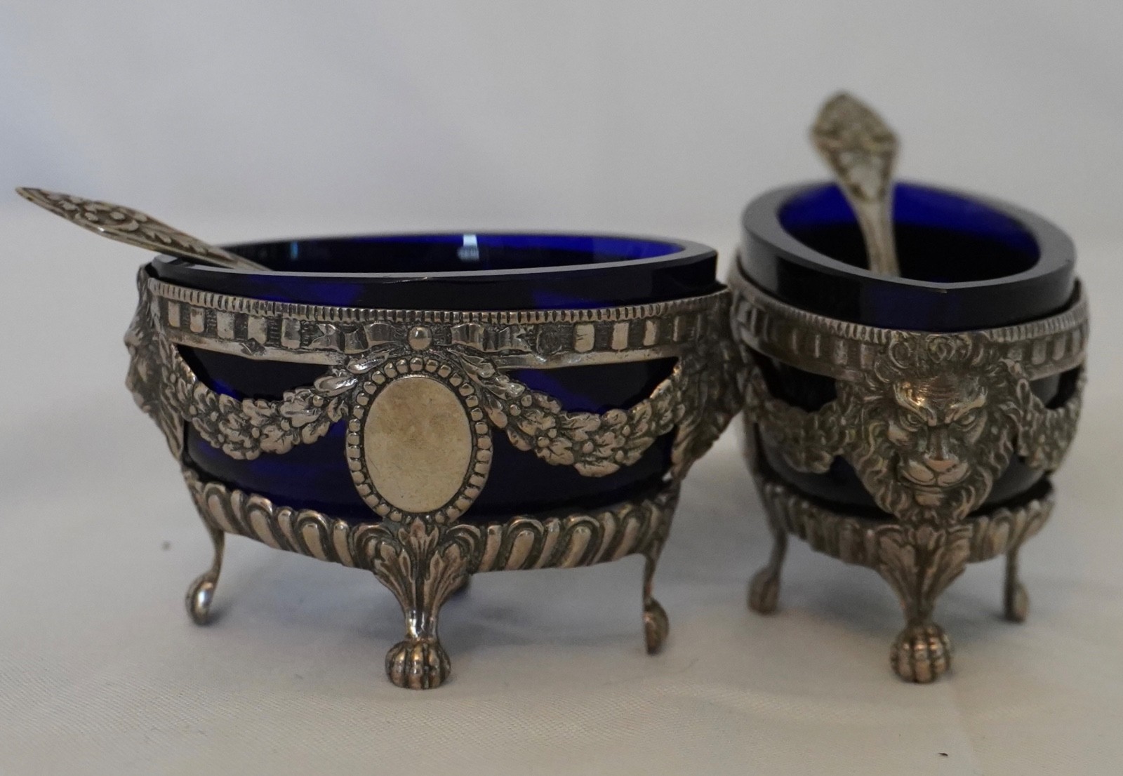 Pair of French Victorian Sterling Silver & Cobalt Glass Salt Cellars & Spoons