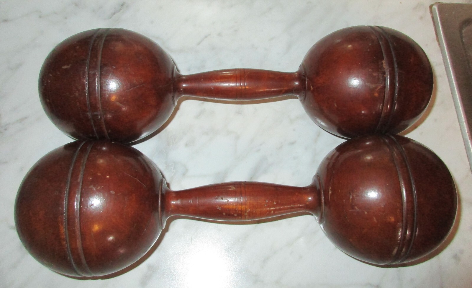 Antique Pair Wood Barbell Weights Dumbbells Approx. 1Lb Each