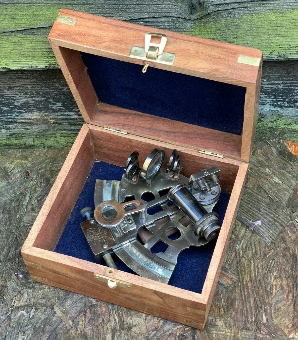 Antique Brass Pocket Sextant Navigation Nautical Marine Vintage Wooden Box