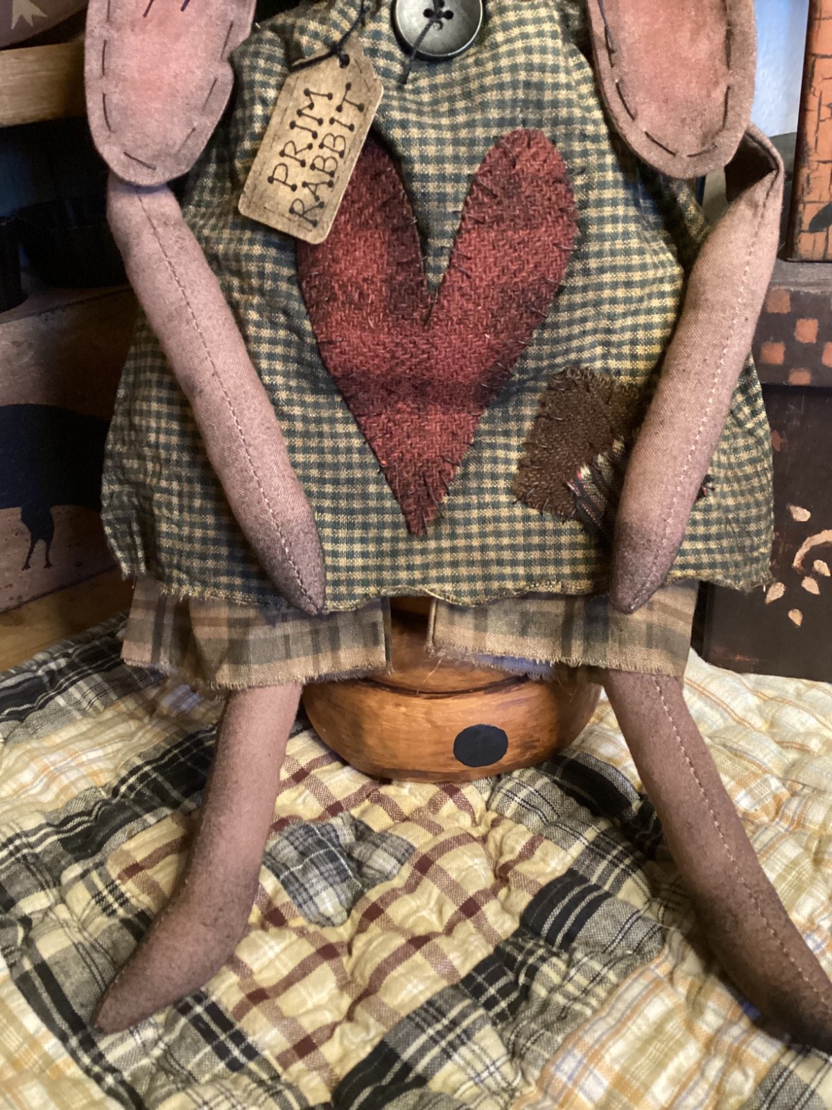 Primitive RABBIT DOLL BUNNY Handmade OOAK Signed Dated THREADBARE PRIMITIVES