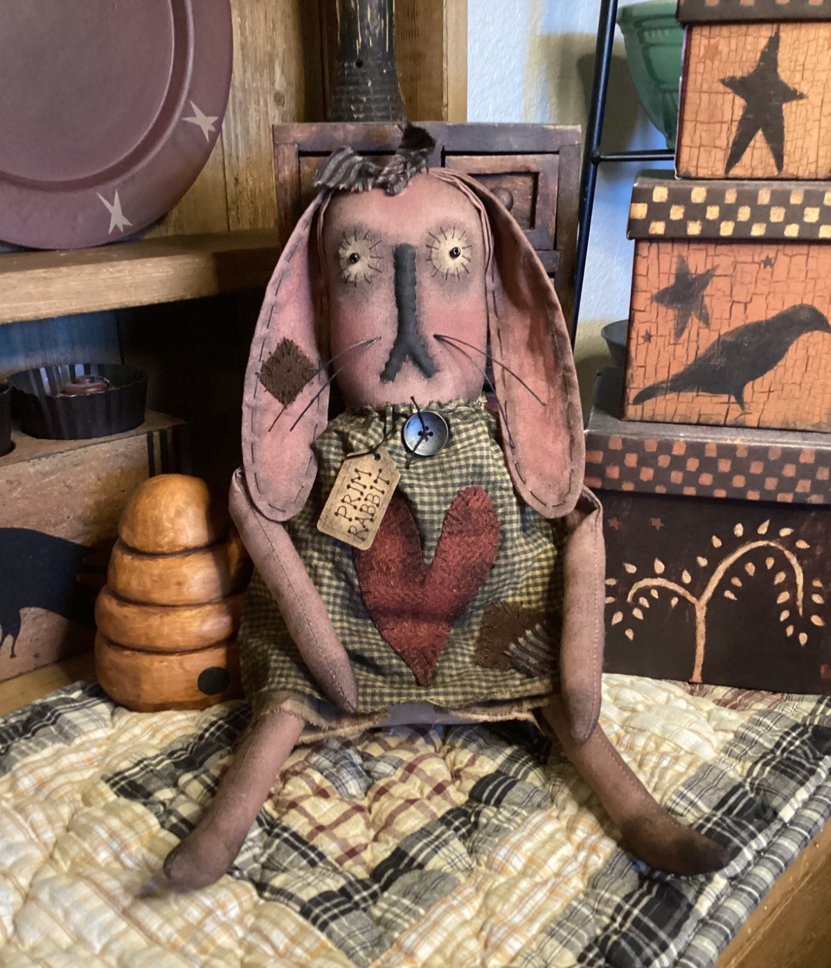 Primitive RABBIT DOLL BUNNY Handmade OOAK Signed Dated THREADBARE PRIMITIVES