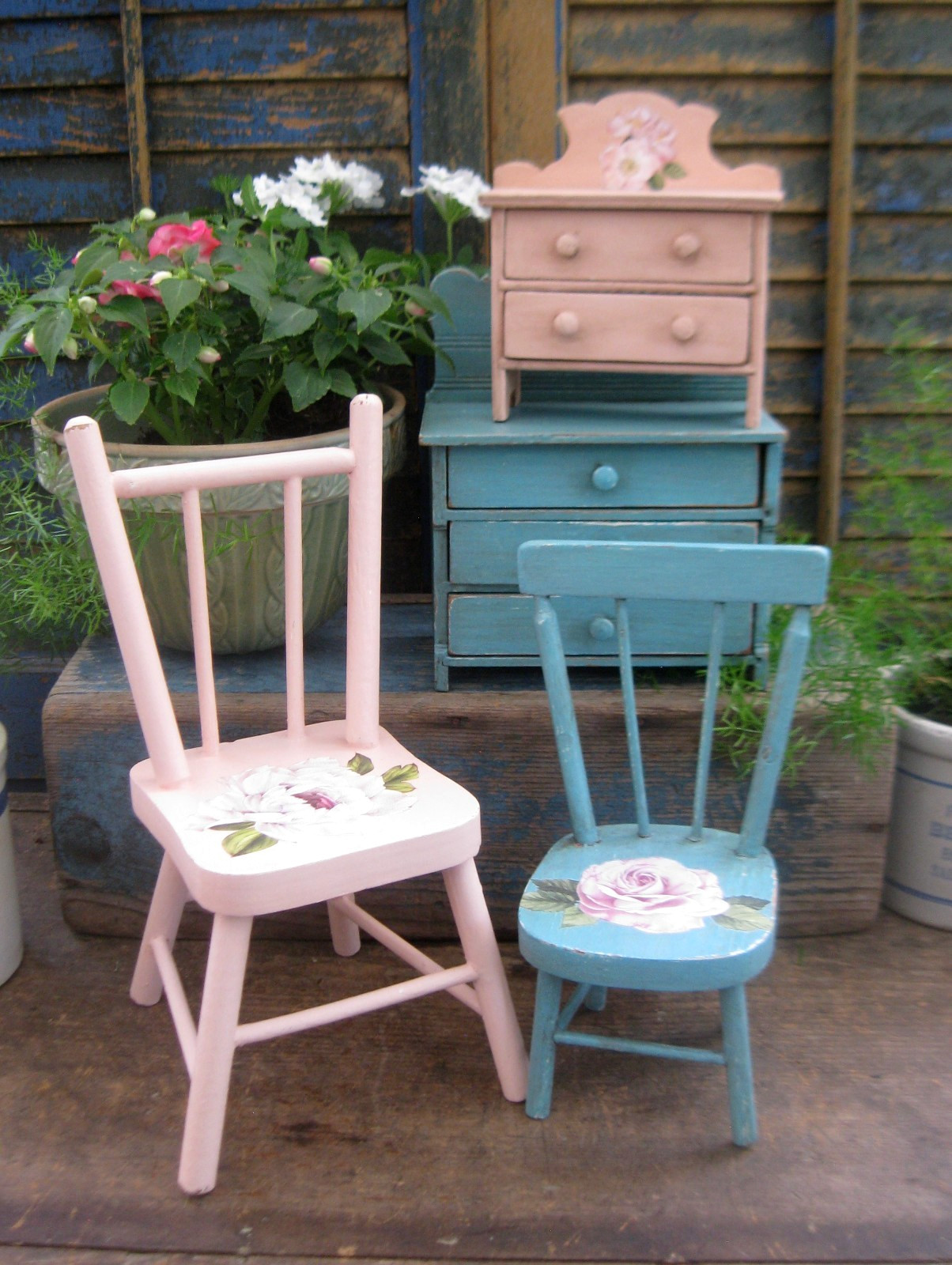 Very Small Antique Wood Doll’s Dresser New Blush Pink Milk Paint Rose Transfer