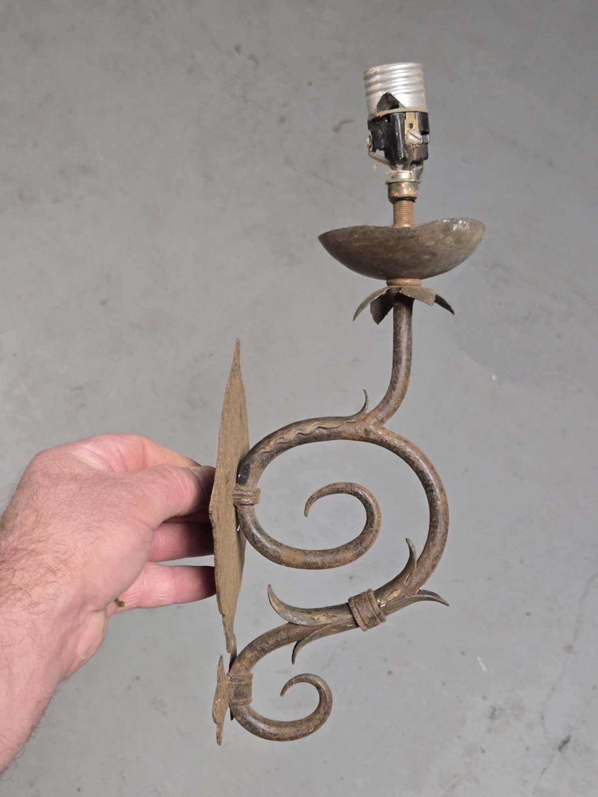 Old Antique Arts Crafts Wrought Iron & Brass Gothic Medieval Wall Light Sconce