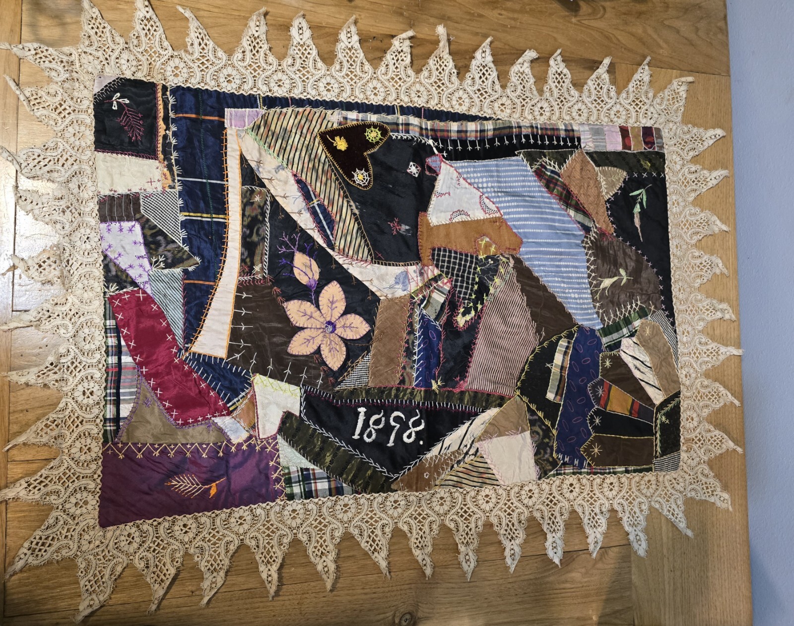 Antique Crazy Quilt Panel W/ Lace Early American Folk Art Circa 1898 Handsewn