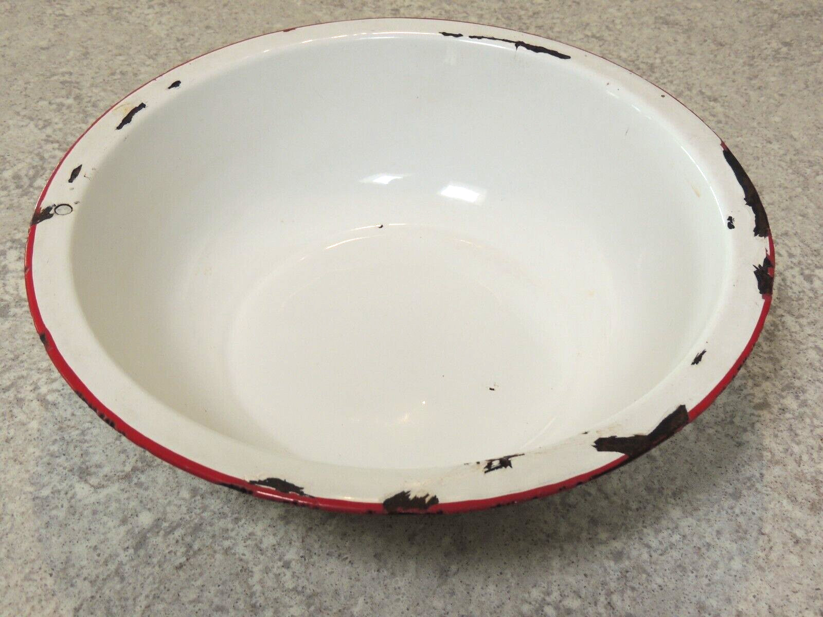 Vintage Enamel Wash Basin White Red Rim Farmhouse Primitive 12.5″