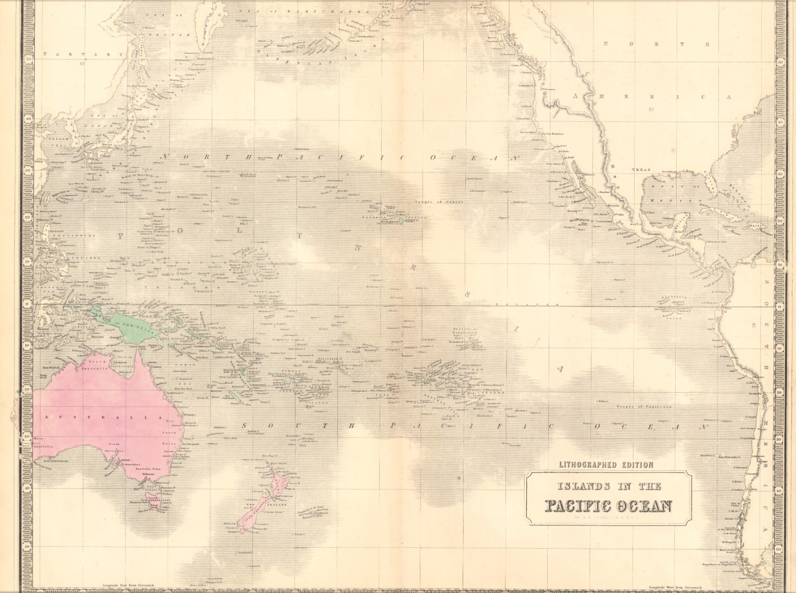 1845 Islands in the Pacific Ocean by A.K. Johnston ~ 25.8″ x 21.2″ Antique
