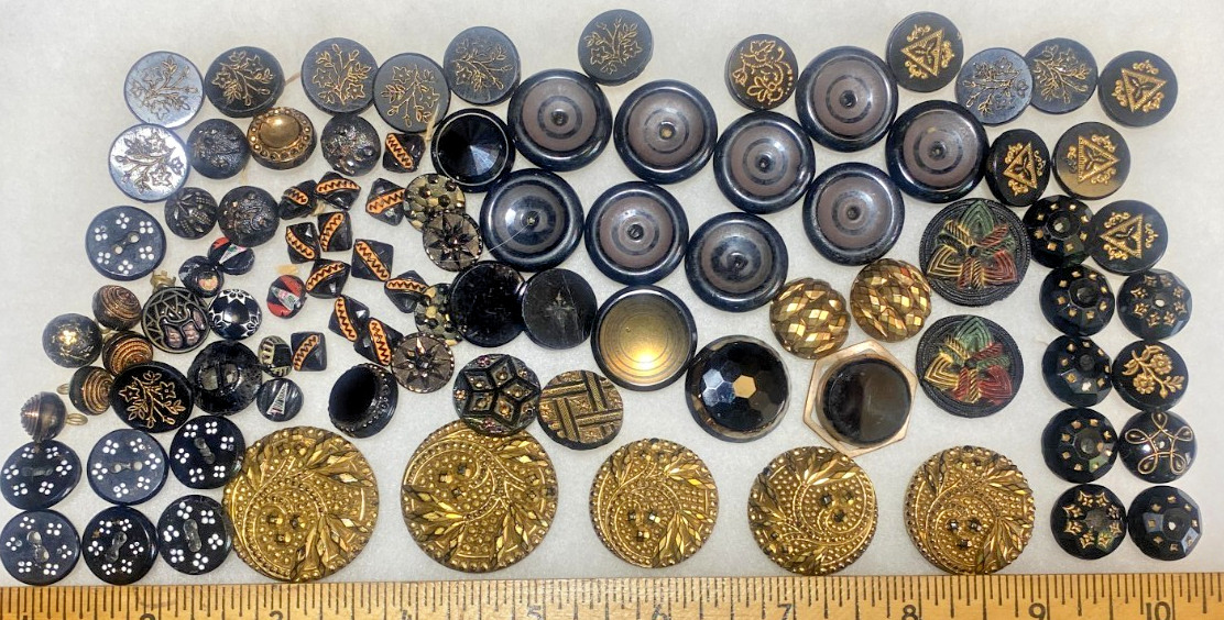 80 Antique Victorian Black Glass Buttons 1/4″-1+5/8″ Gold Luster Painted Facet