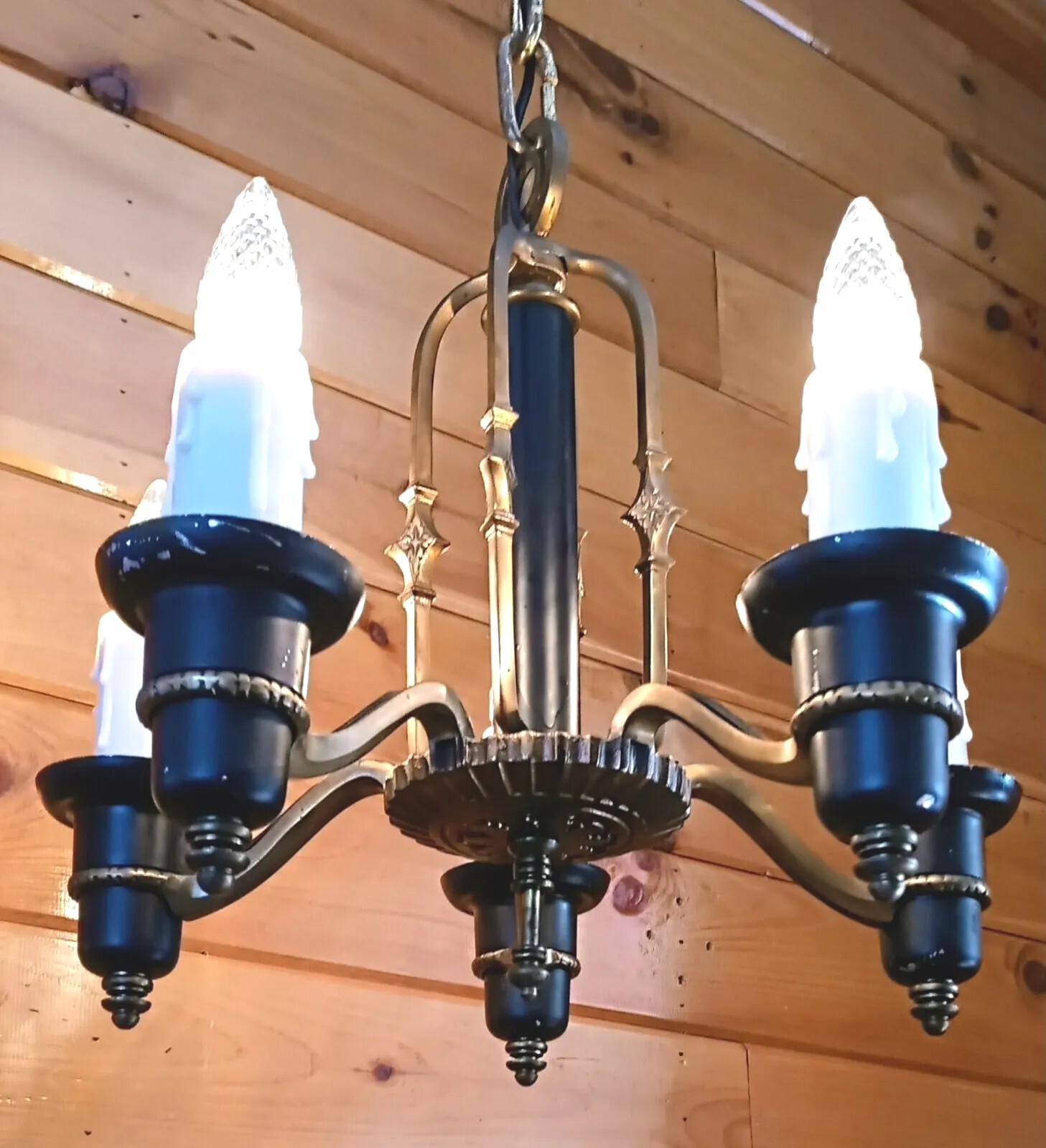 Antique 1920s 30s Art Deco Gatsby Machine Age Chandelier Light Cast Bronze Vtg
