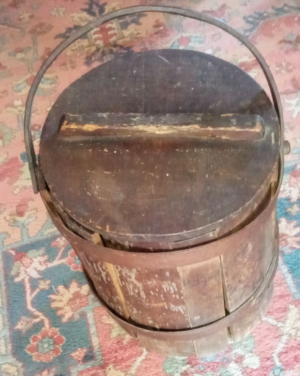 ANT 19TH C WOODEN FIRKIN PAIL LID AND HANDLE 14X15 STENCILED STAVED OAK READ!!