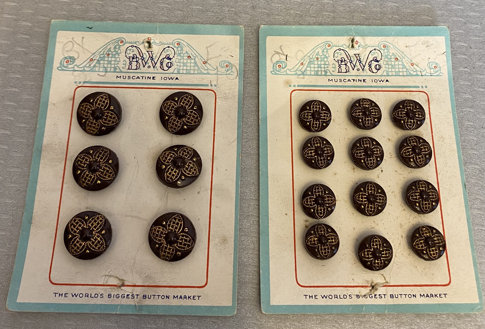 Antique Gold Lacy Overlay Brown Glass Button 2 Cards B W Co Muscatine Iowa 18P