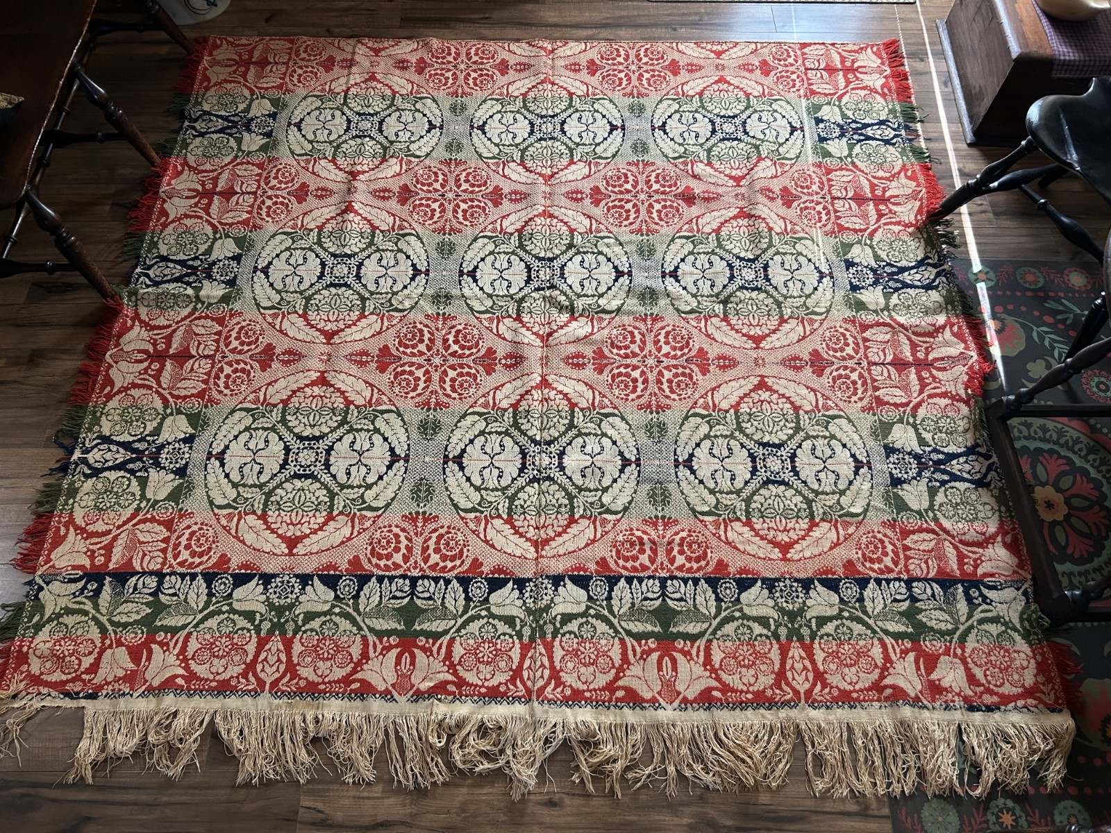 19th Century Jacquard Coverlet Beautiful Color Red, Green, Blue Pennsylvania